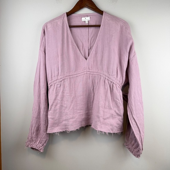 True Craft Tops - Womens V-Neck Gauze Raw Hem Blouse Large Tie Drawstring Cottagecore Boho Relaxed